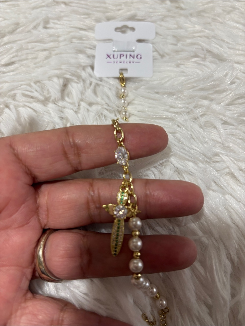 Gold Pearl Cross Charm Bracelet